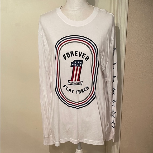 Harley-Davidson Tops - “Harley-Davidson” White Long Sleeve with Red and Blue Graphics